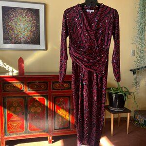 Great Jones • Long Sleeve Red Animal Print Sheath Dress